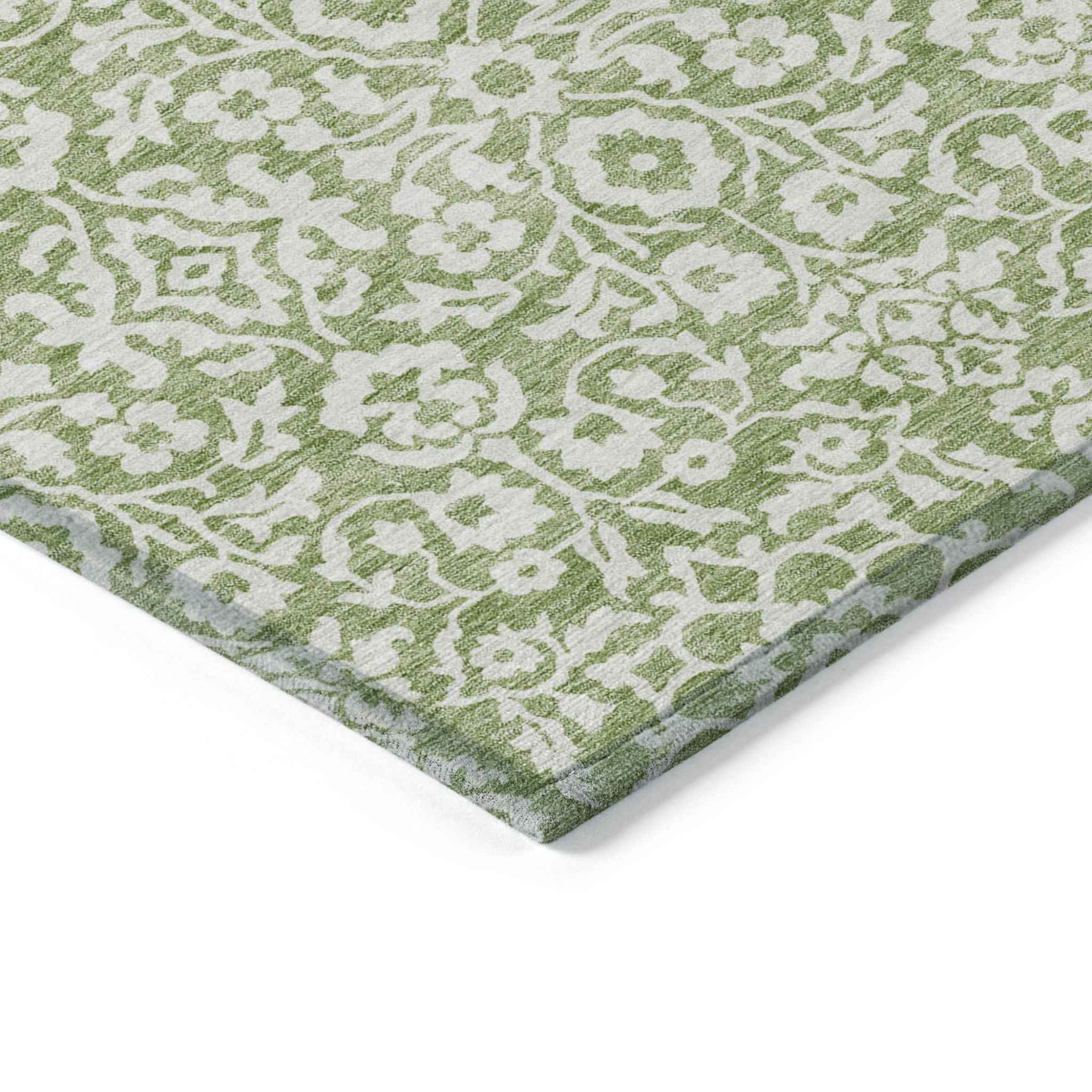 9' X 12' Green And Ivory Damask Washable Indoor Outdoor Area Rug