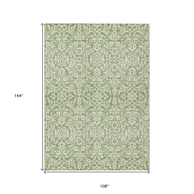 9' X 12' Green And Ivory Damask Washable Indoor Outdoor Area Rug