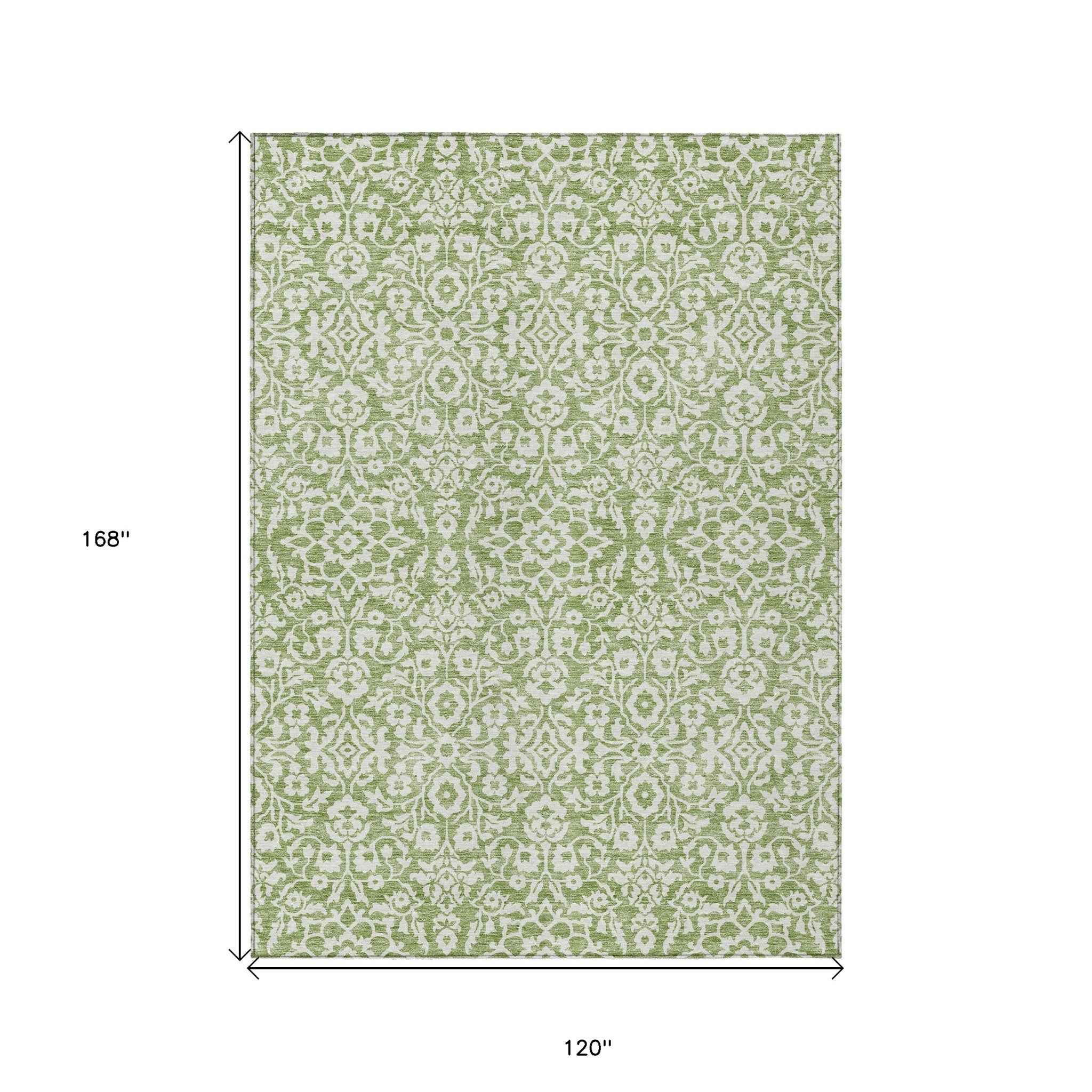10' X 14' Green And Ivory Damask Washable Indoor Outdoor Area Rug