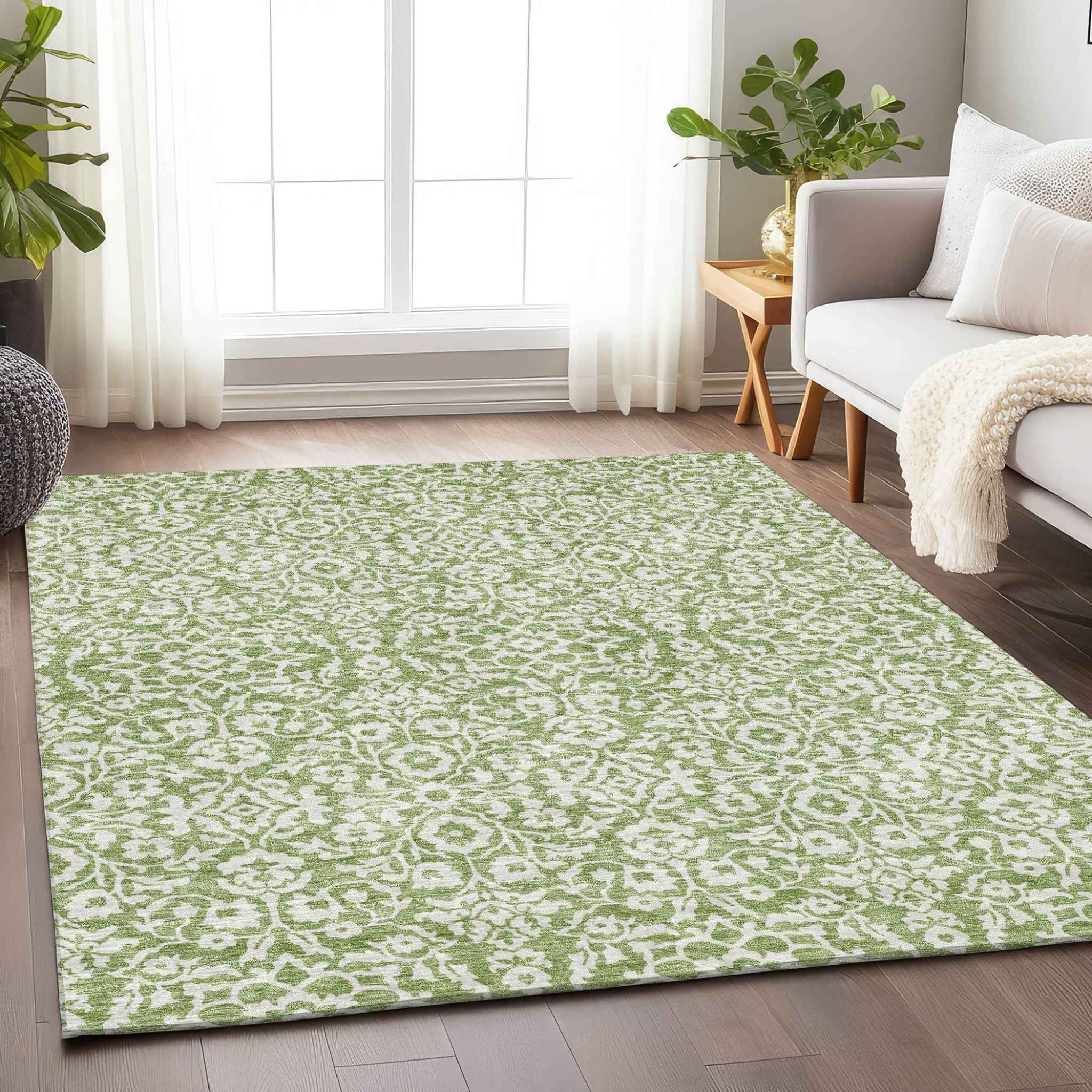 10' X 14' Green And Ivory Damask Washable Indoor Outdoor Area Rug