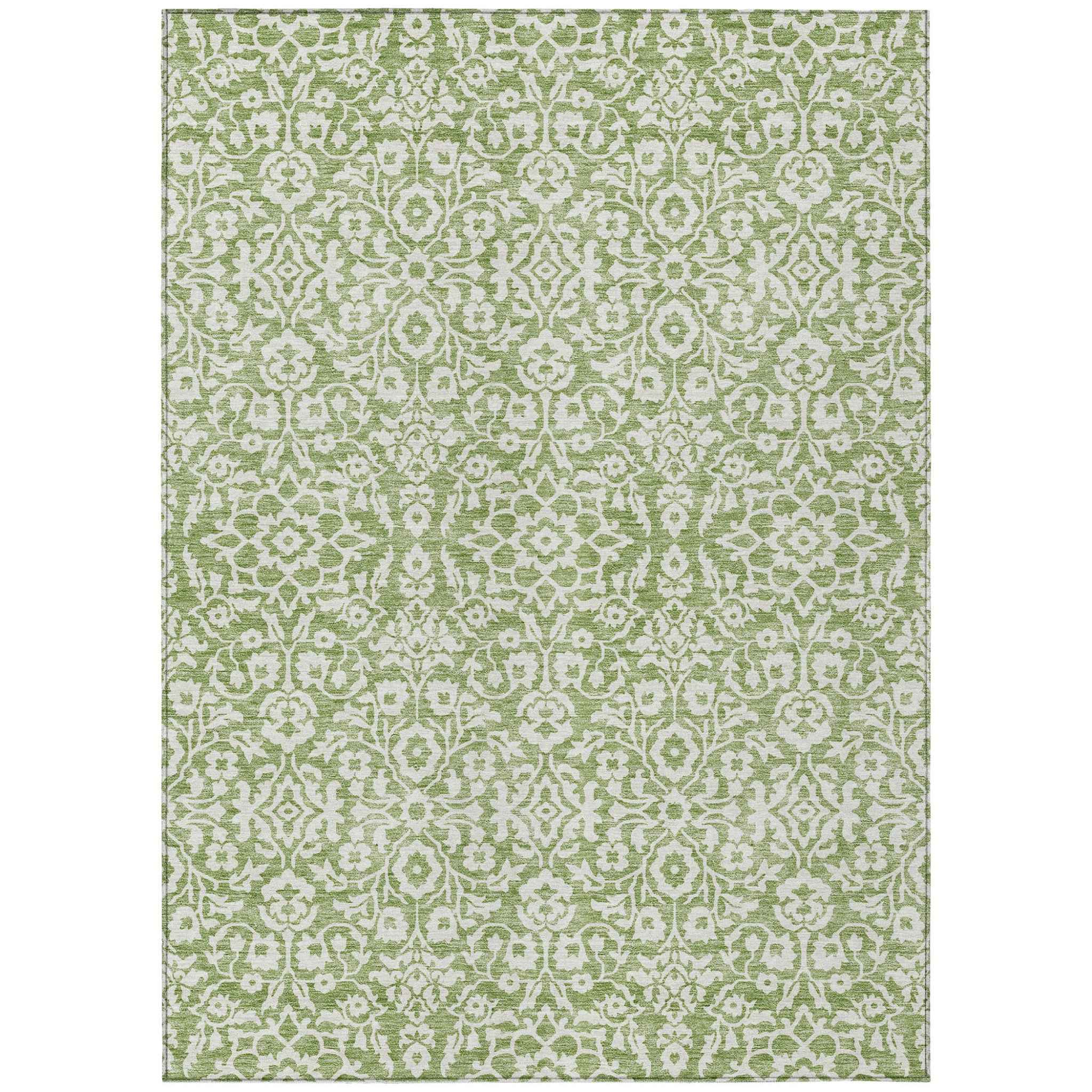 10' X 14' Green And Ivory Damask Washable Indoor Outdoor Area Rug