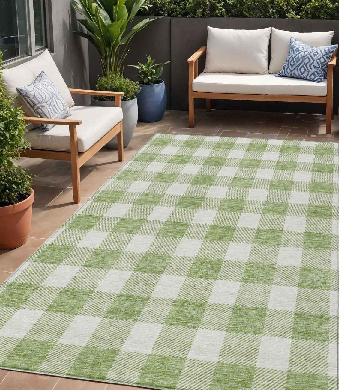 5' X 8' Artichoke Green And Gray Plaid Washable Indoor Outdoor Area Rug