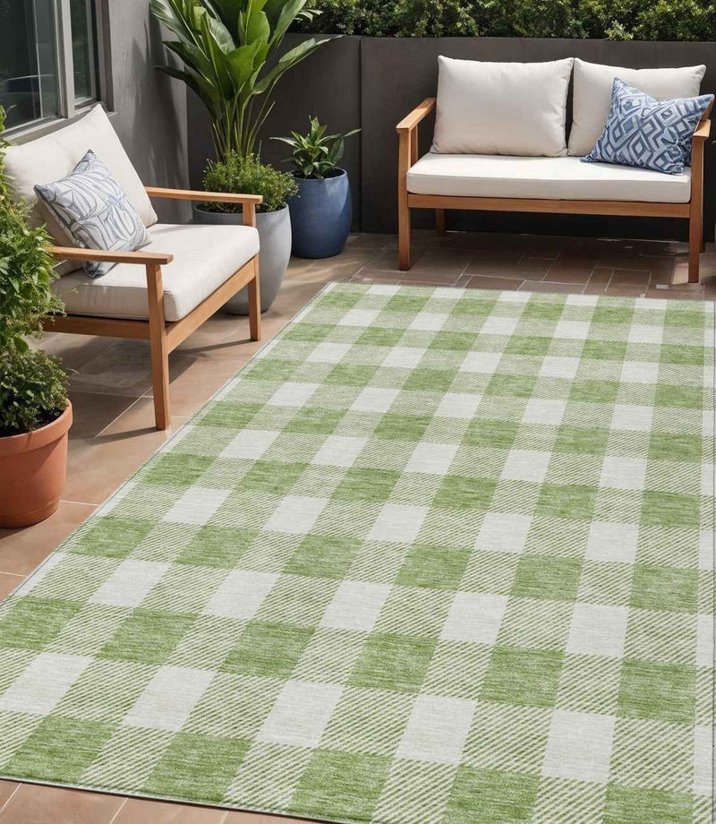 5' X 8' Artichoke Green And Gray Plaid Washable Indoor Outdoor Area Rug