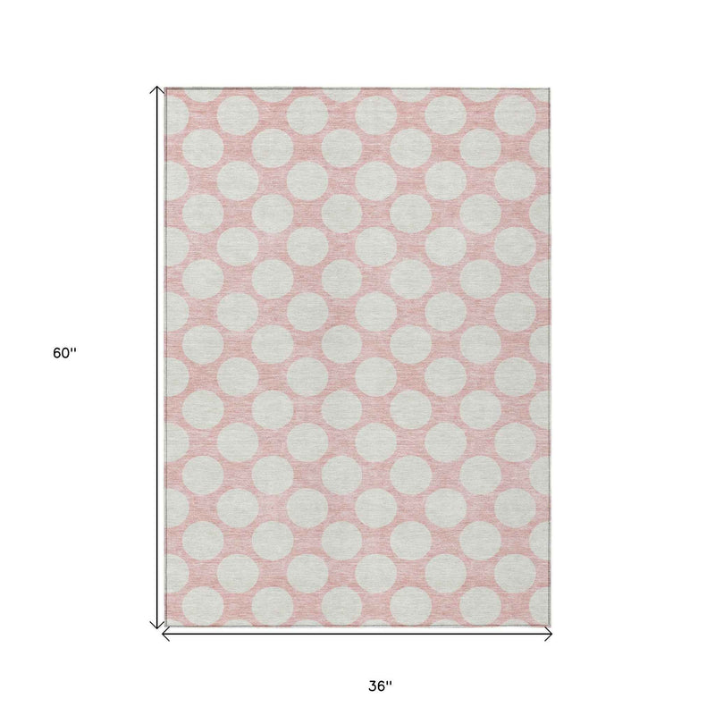 3' X 5' Pink And Gray Polka Dot Washable Indoor Outdoor Area Rug