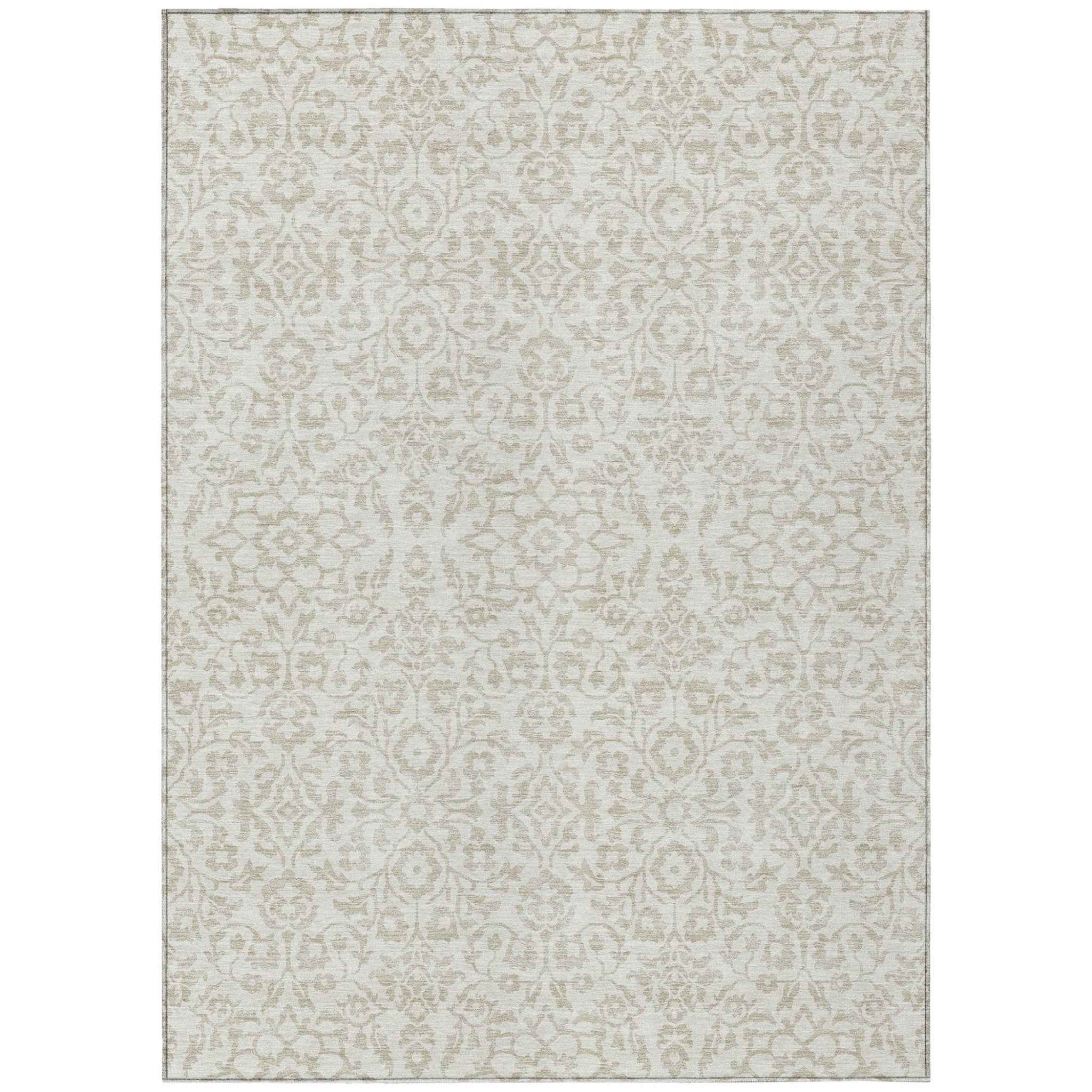 8' X 10' Ivory And Beige Damask Washable Indoor Outdoor Area Rug
