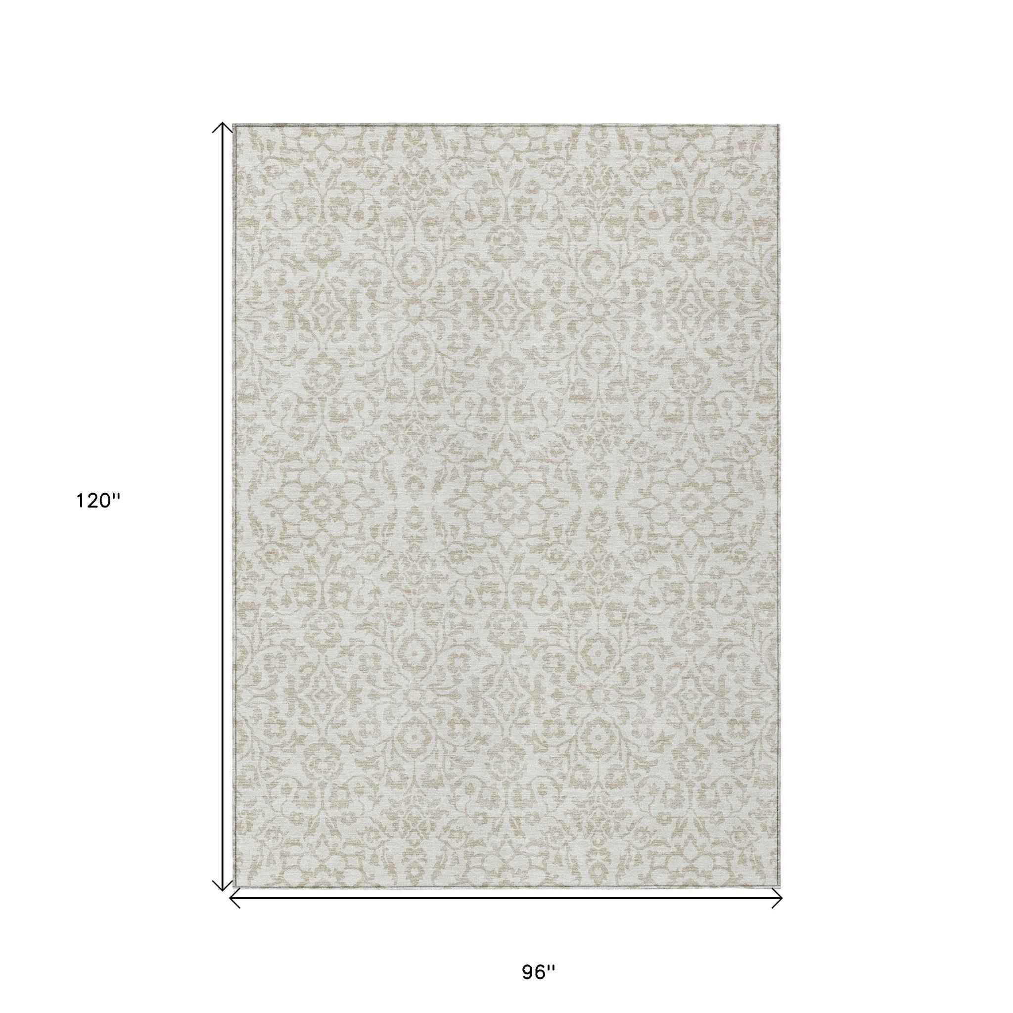 8' X 10' Ivory And Beige Damask Washable Indoor Outdoor Area Rug