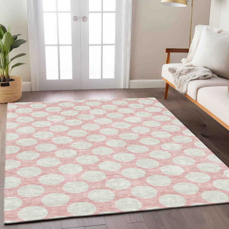 3' X 5' Pink And Gray Polka Dot Washable Indoor Outdoor Area Rug