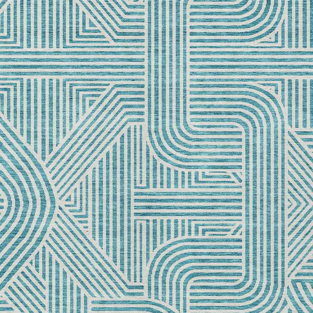 5' X 8' Teal Blue And Ivory Abstract Washable Indoor Outdoor Area Rug