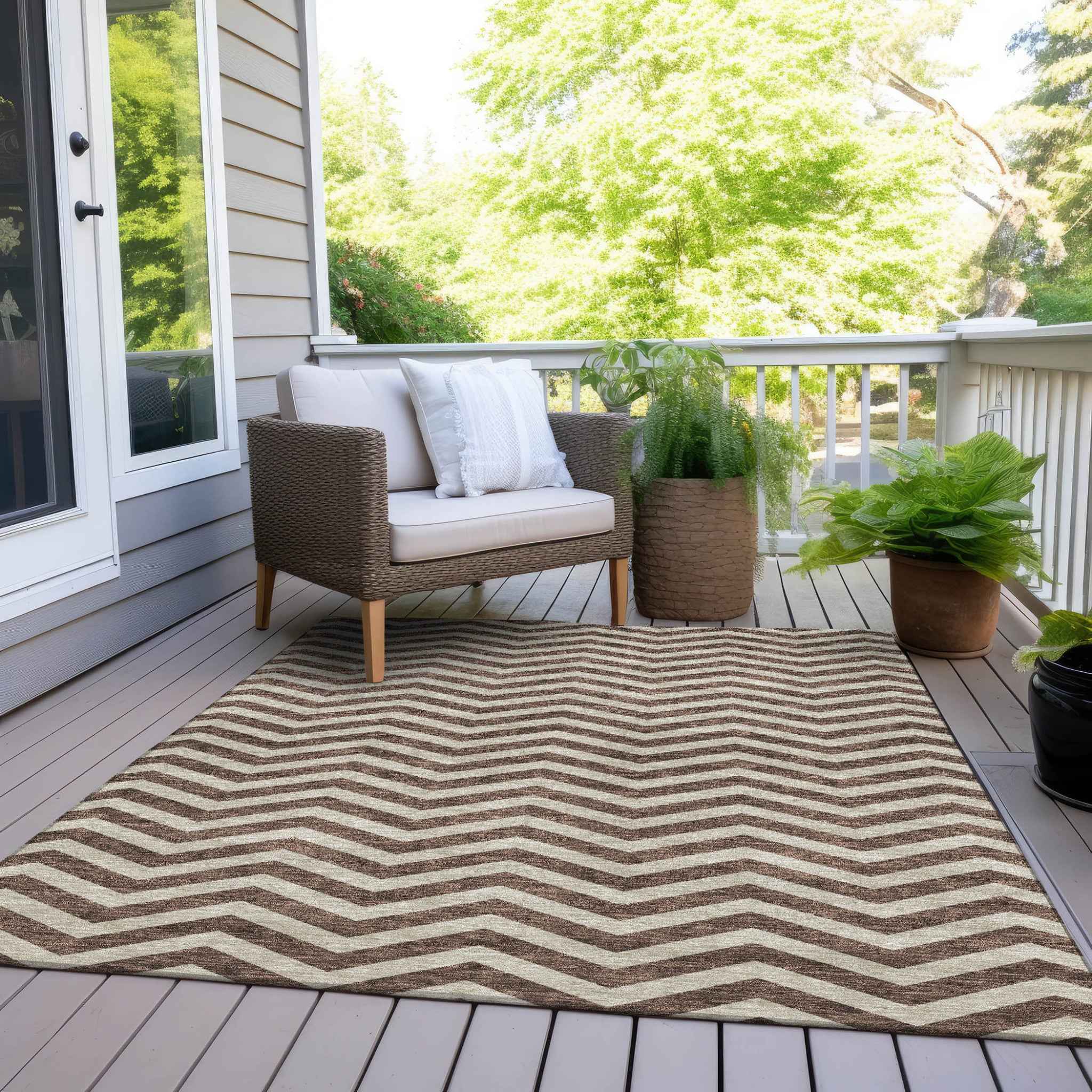 3' X 5' Brown And Beige Chevron Washable Indoor Outdoor Area Rug