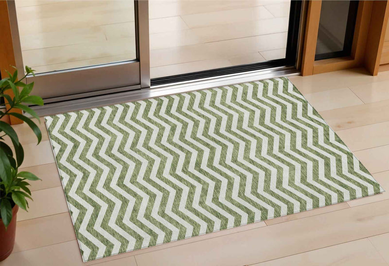 3' X 5' Green And Ivory Chevron Washable Indoor Outdoor Area Rug