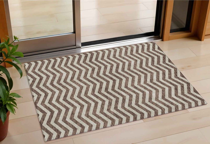 3' X 5' Brown And Beige Chevron Washable Indoor Outdoor Area Rug