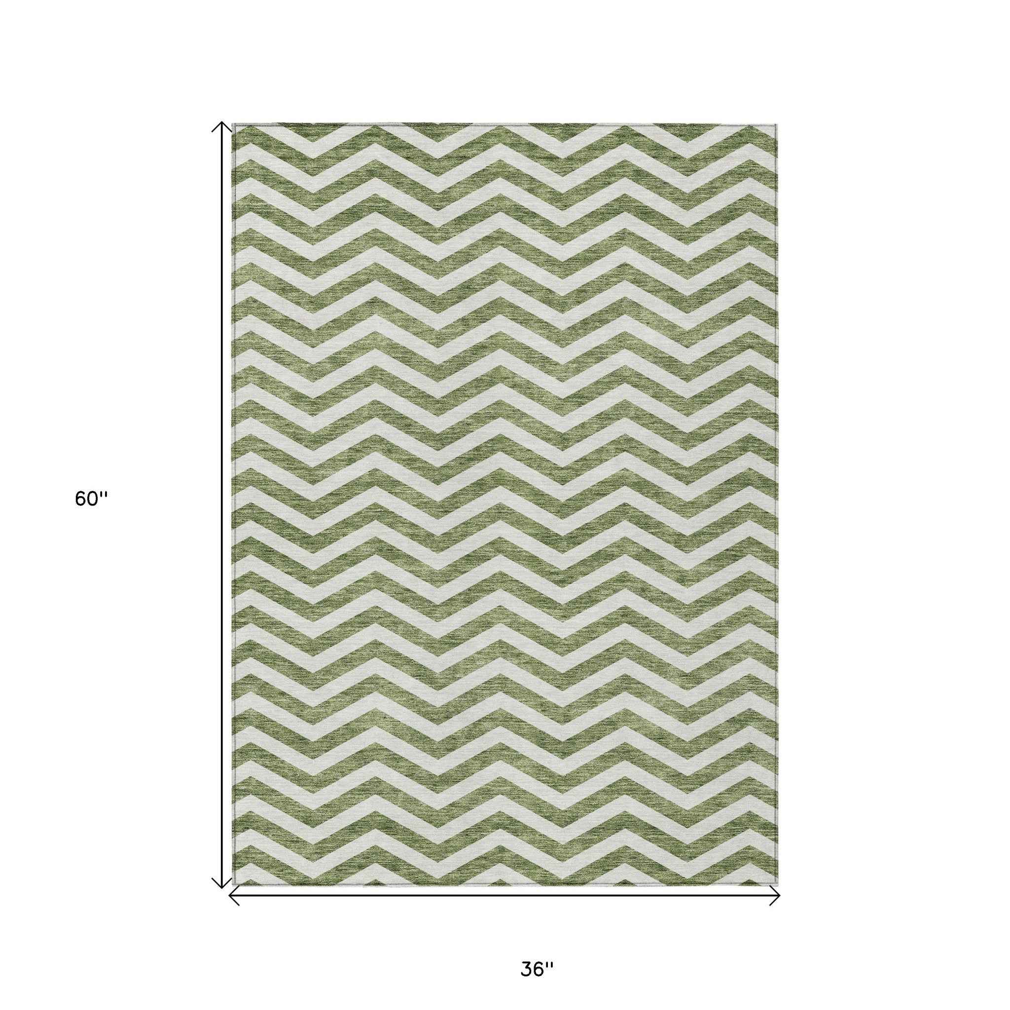 3' X 5' Green And Ivory Chevron Washable Indoor Outdoor Area Rug