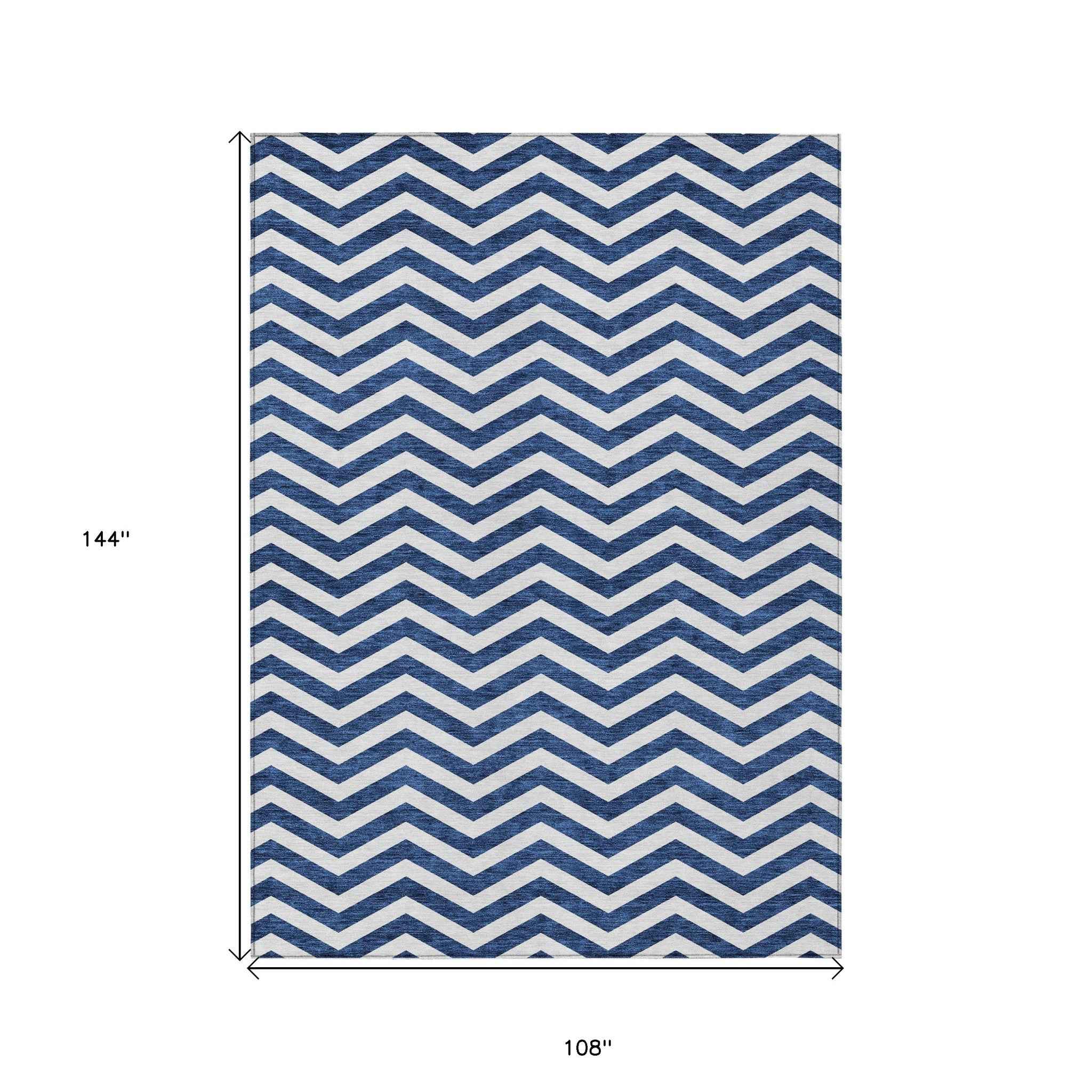 9' X 12' Navy Blue And Ivory Chevron Washable Indoor Outdoor Area Rug