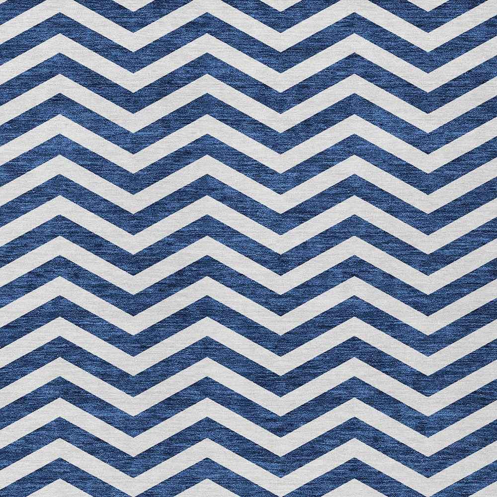 9' X 12' Navy Blue And Ivory Chevron Washable Indoor Outdoor Area Rug