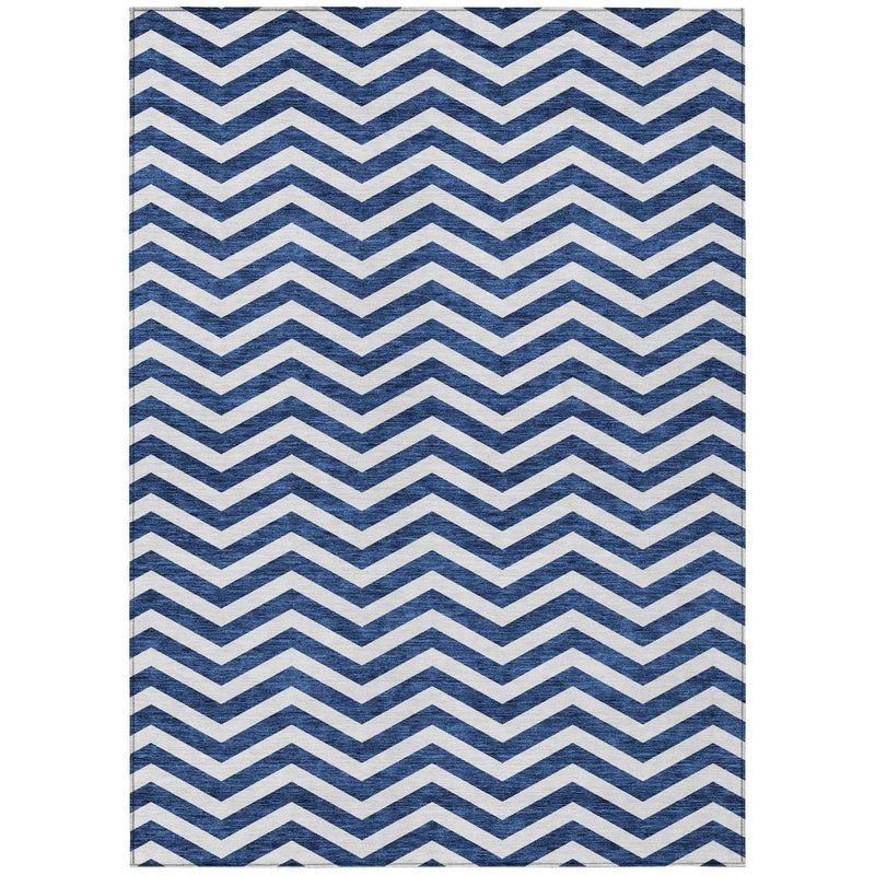 9' X 12' Navy Blue And Ivory Chevron Washable Indoor Outdoor Area Rug