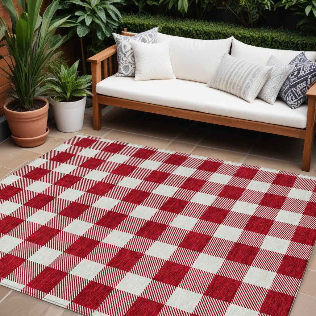 10' X 14' Red And Ivory Plaid Washable Indoor Outdoor Area Rug