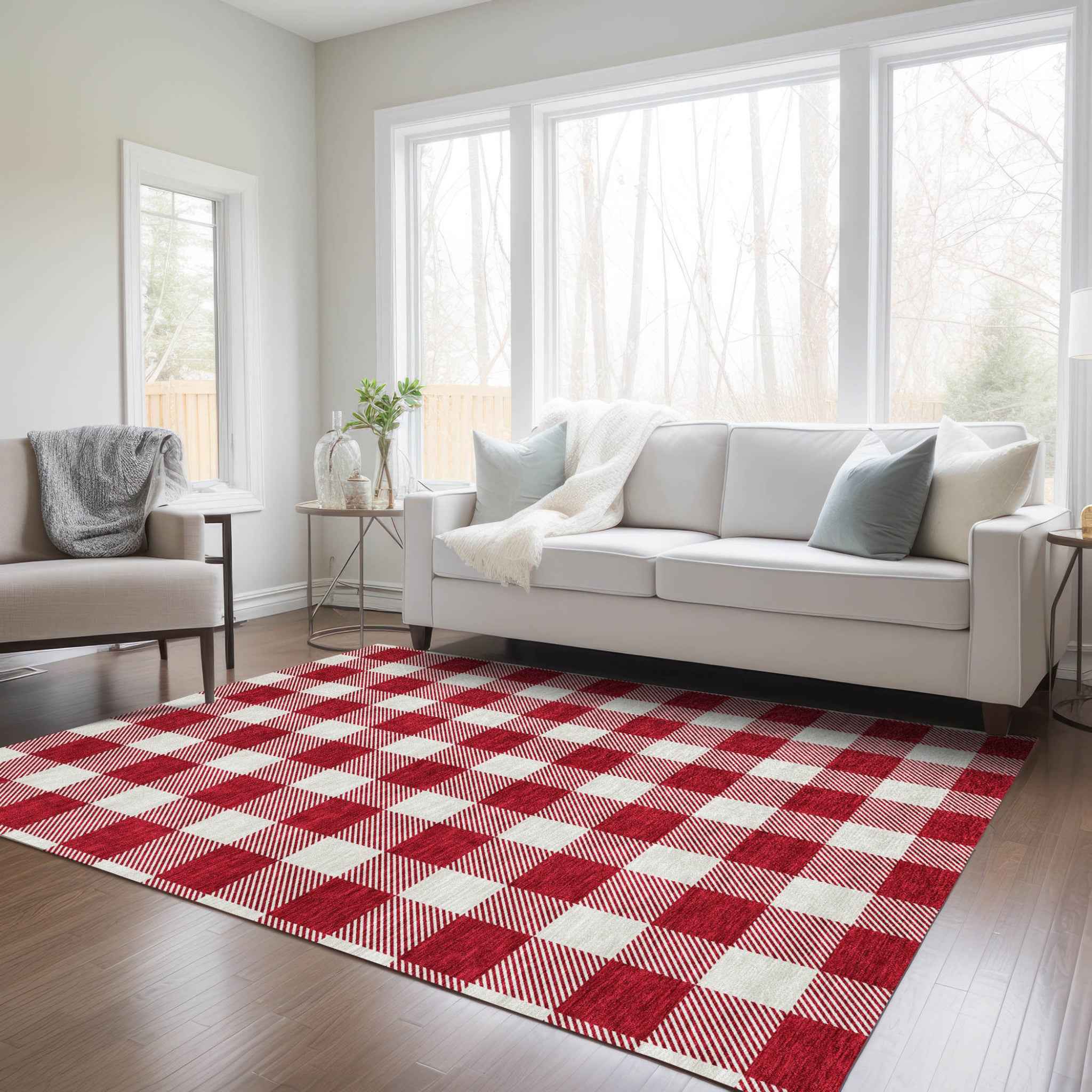 10' X 14' Red And Ivory Plaid Washable Indoor Outdoor Area Rug