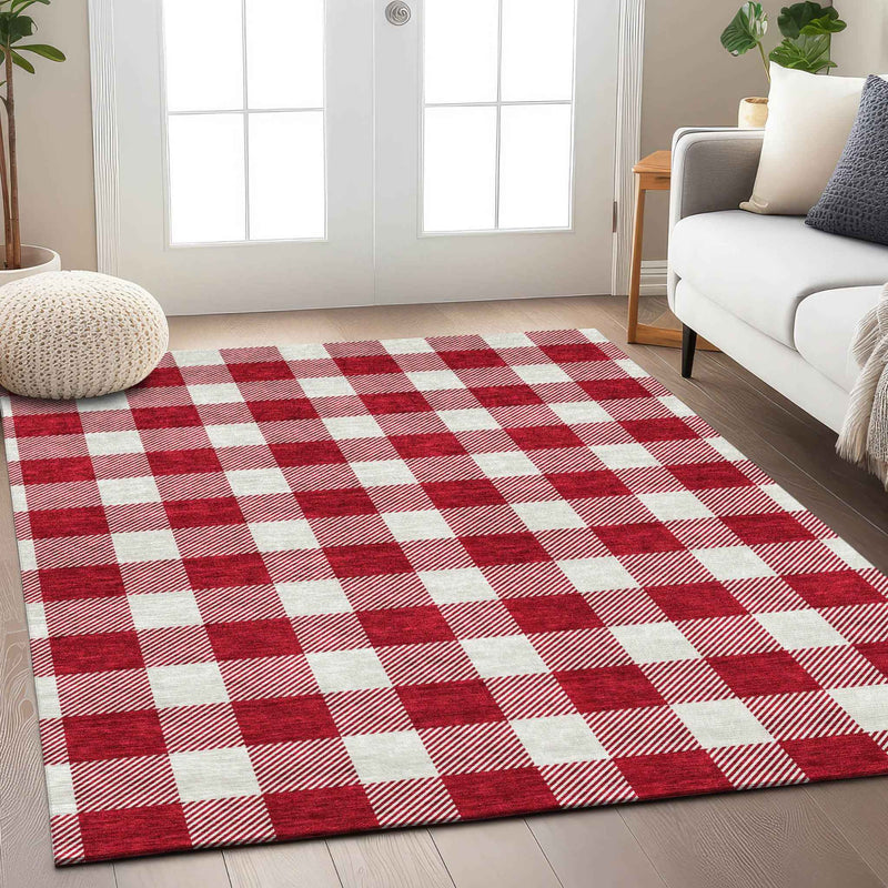 10' X 14' Red And Ivory Plaid Washable Indoor Outdoor Area Rug