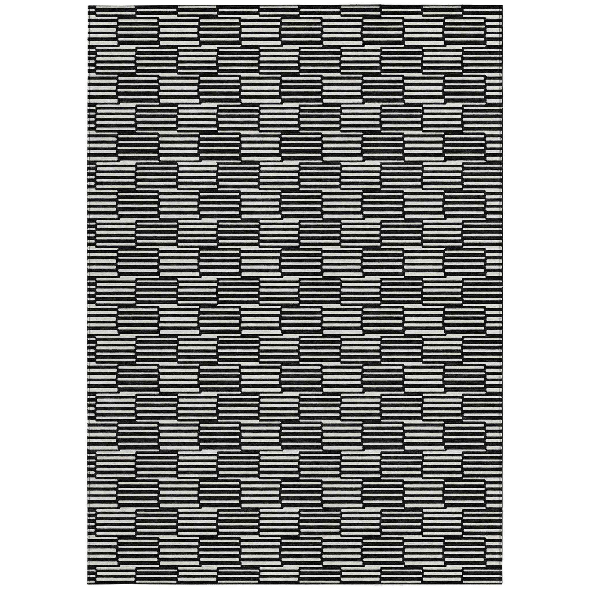3' X 5' Black And Ivory Geometric Washable Indoor Outdoor Area Rug
