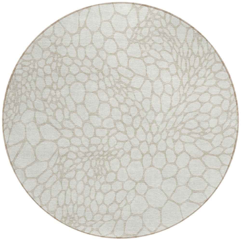 8' Ivory And Beige Round Geometric Washable Indoor Outdoor Area Rug