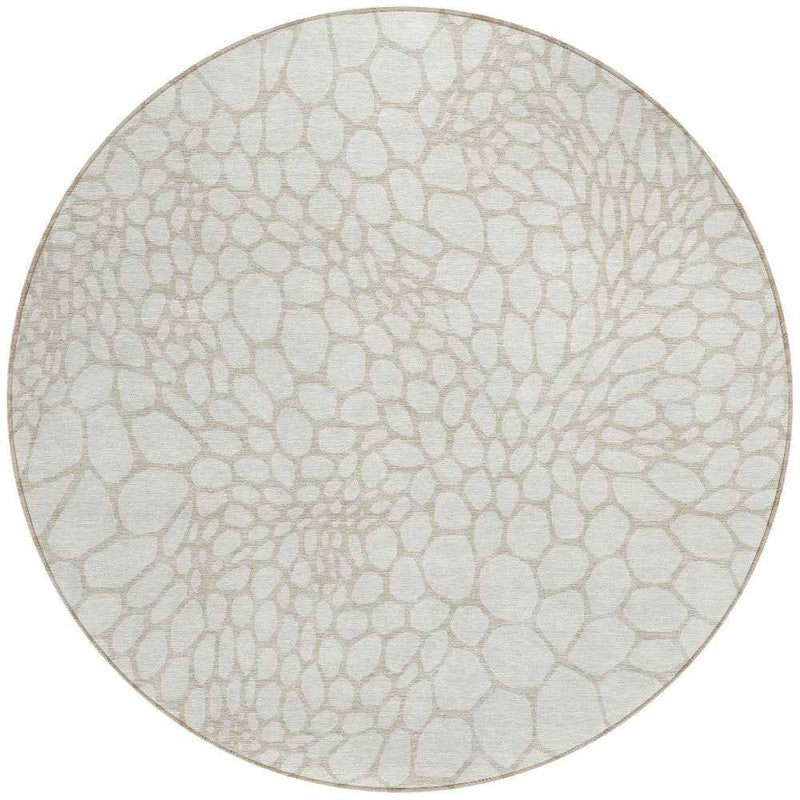 8' Ivory And Beige Round Geometric Washable Indoor Outdoor Area Rug