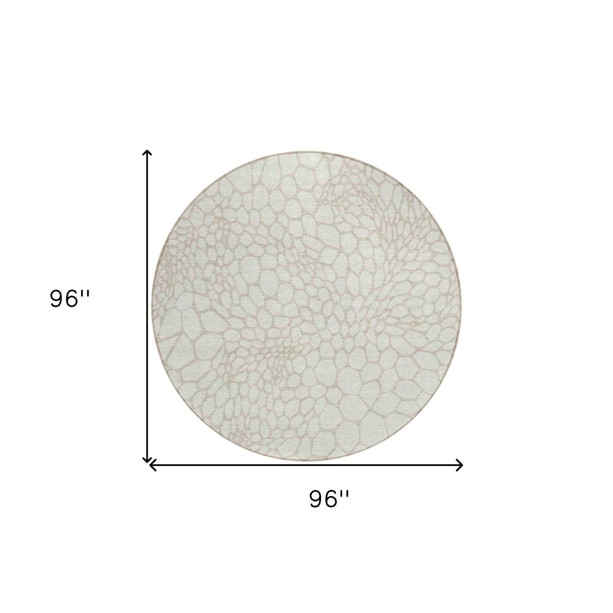 8' Ivory And Beige Round Geometric Washable Indoor Outdoor Area Rug