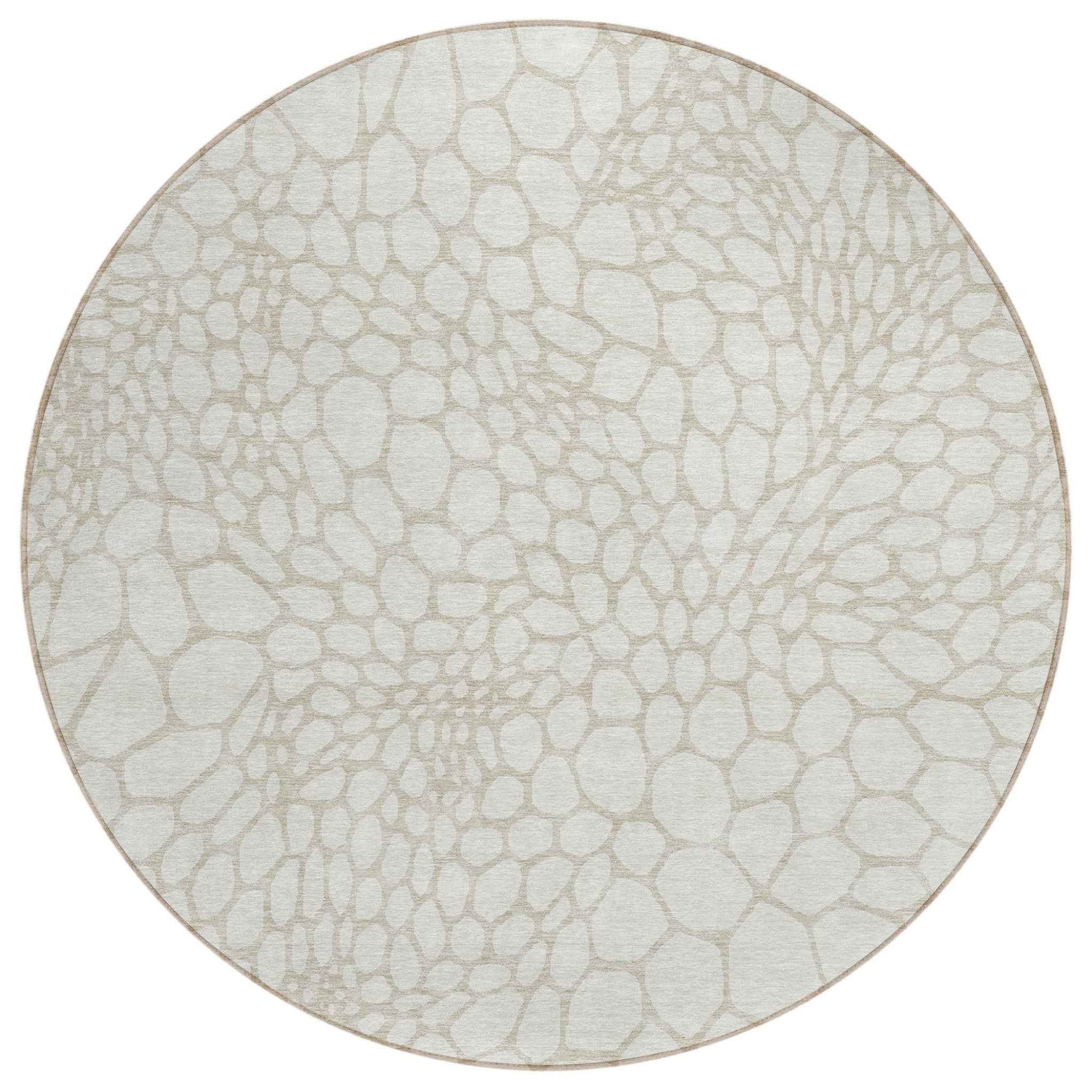 8' Ivory And Beige Round Geometric Washable Indoor Outdoor Area Rug