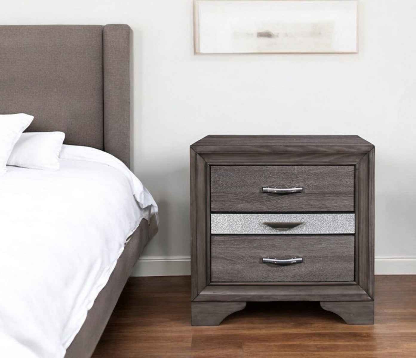 27" Gray Wood and Solid Wood Two Drawer Nightstand