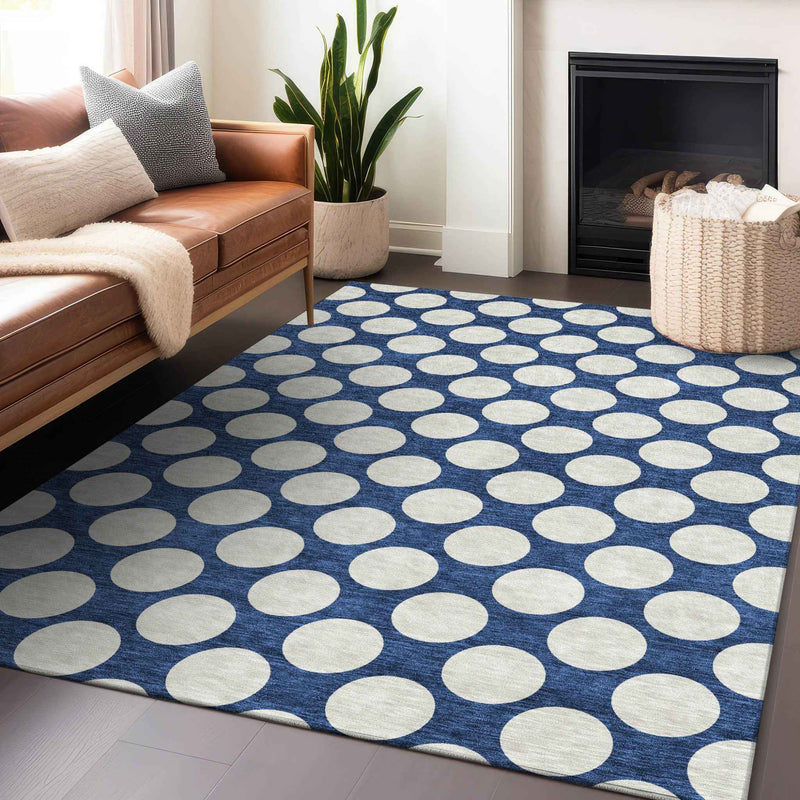 3' X 5' Navy Blue And Ivory Polka Dot Washable Indoor Outdoor Area Rug