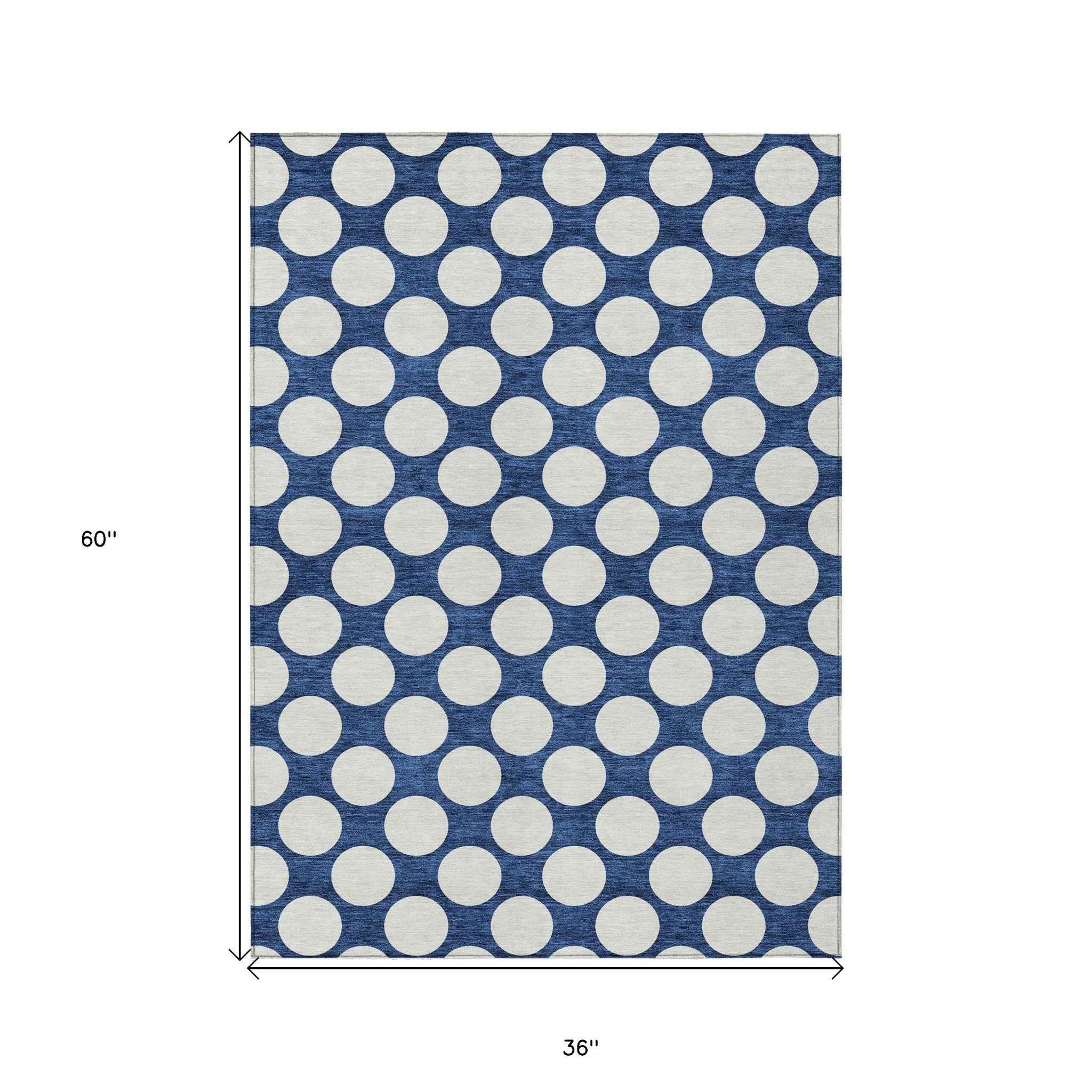 3' X 5' Navy Blue And Ivory Polka Dot Washable Indoor Outdoor Area Rug