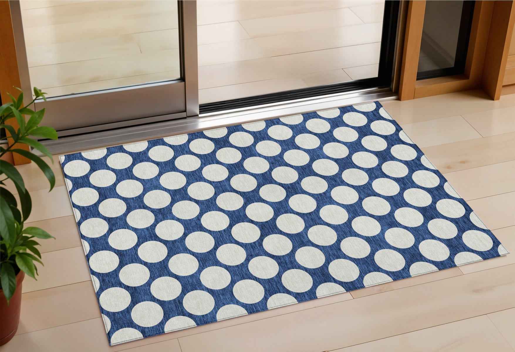 3' X 5' Navy Blue And Ivory Polka Dot Washable Indoor Outdoor Area Rug