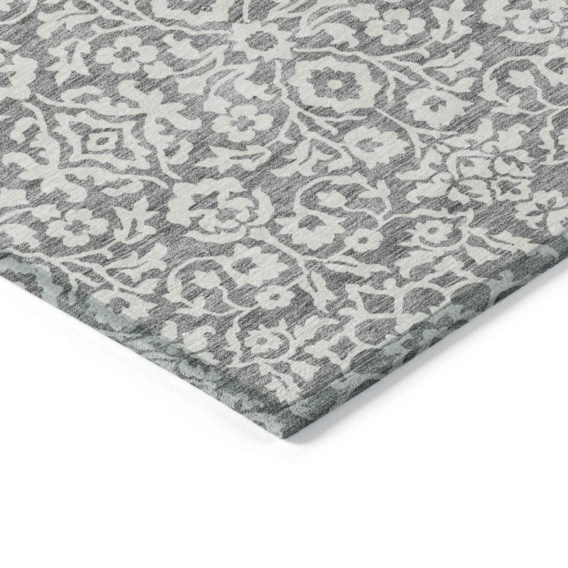 10' X 14' Gray And Ivory Damask Washable Indoor Outdoor Area Rug
