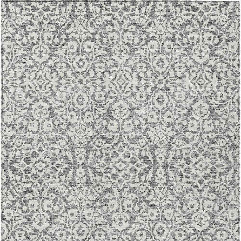 10' X 14' Gray And Ivory Damask Washable Indoor Outdoor Area Rug