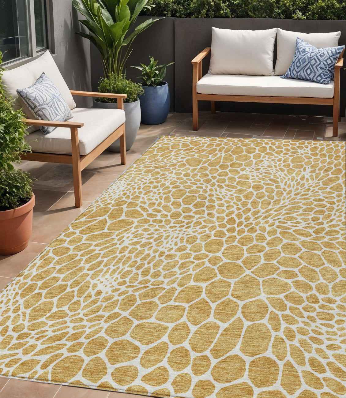 5' X 8' Gold And Ivory Geometric Washable Indoor Outdoor Area Rug
