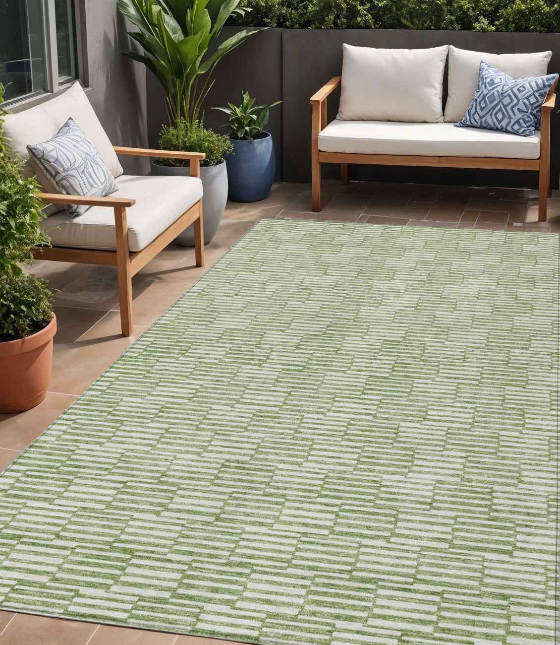 5' X 8' Green And Ivory Geometric Washable Indoor Outdoor Area Rug
