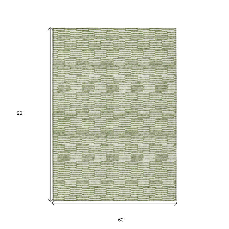 5' X 8' Green And Ivory Geometric Washable Indoor Outdoor Area Rug