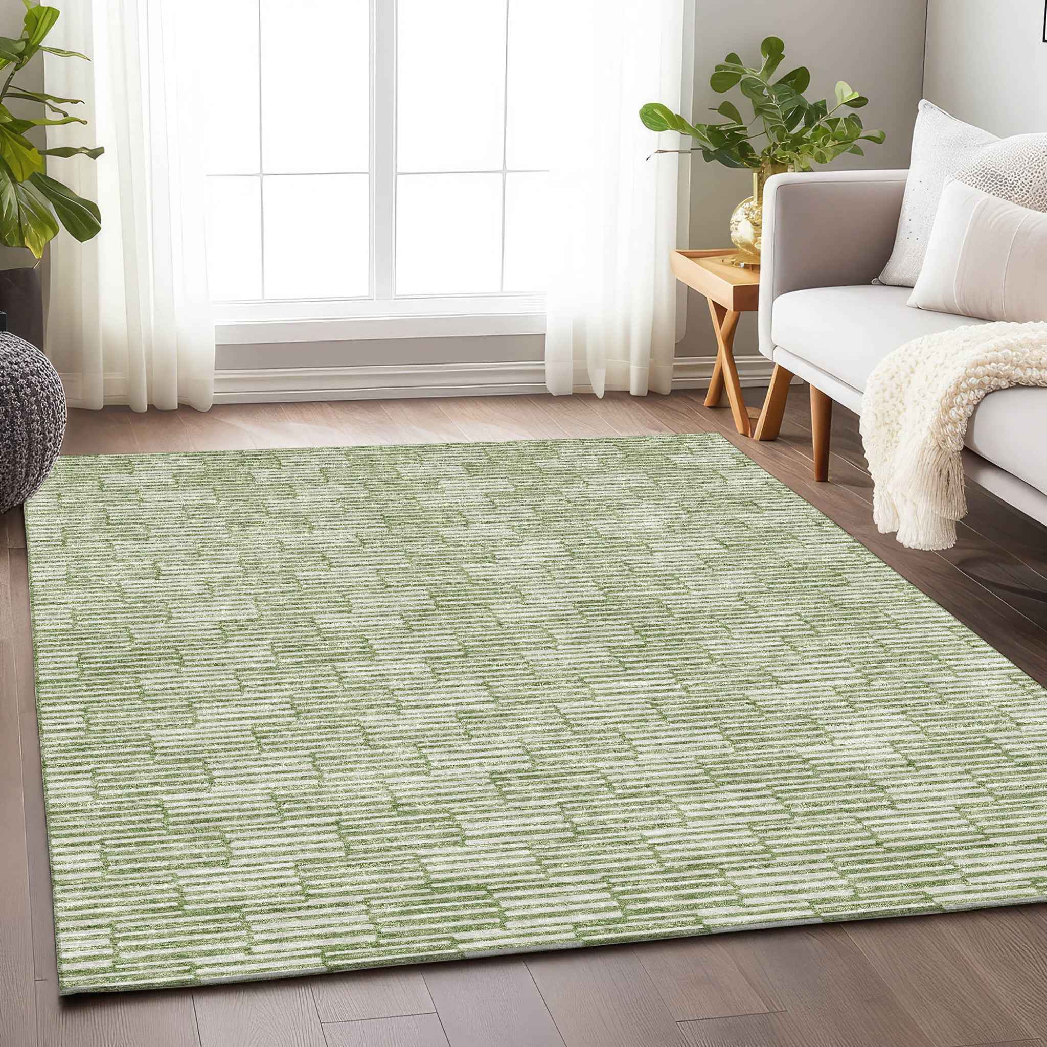 5' X 8' Green And Ivory Geometric Washable Indoor Outdoor Area Rug