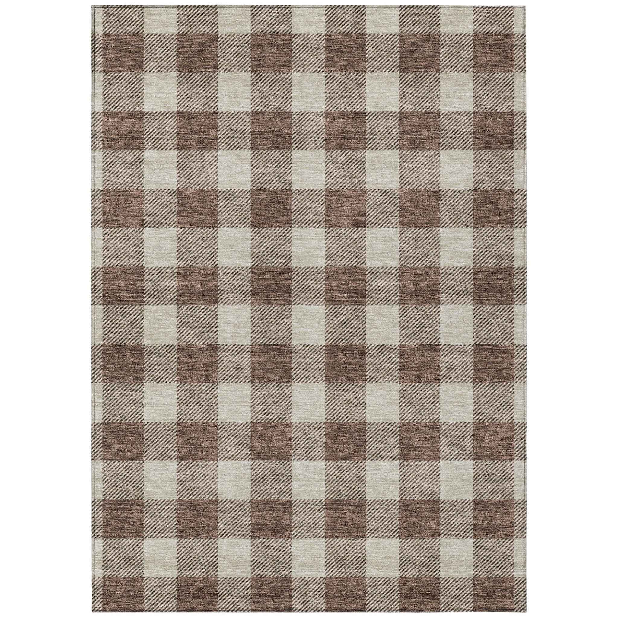 5' X 8' Brown And Beige Plaid Washable Indoor Outdoor Area Rug