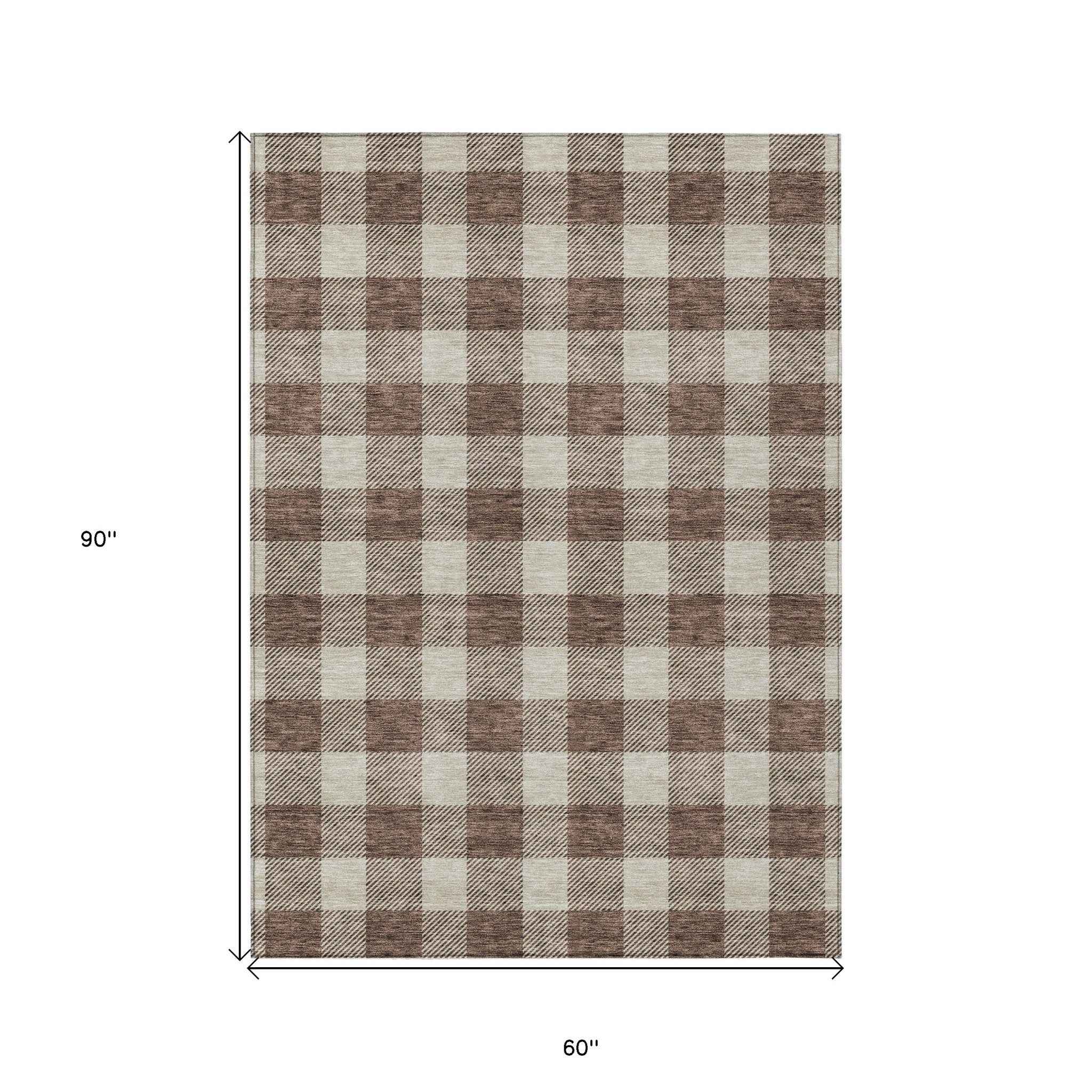 5' X 8' Brown And Beige Plaid Washable Indoor Outdoor Area Rug