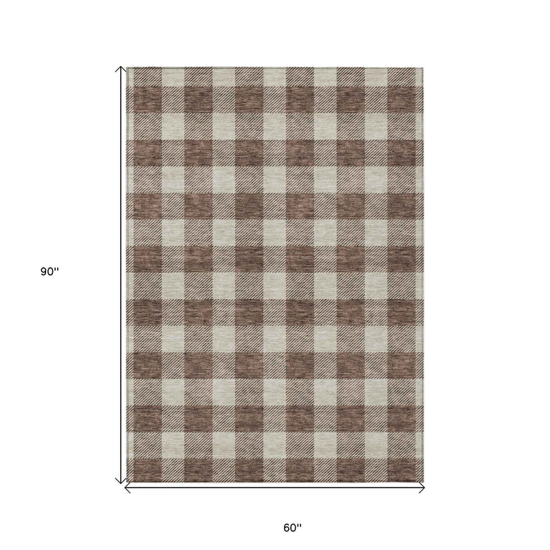 5' X 8' Brown And Beige Plaid Washable Indoor Outdoor Area Rug