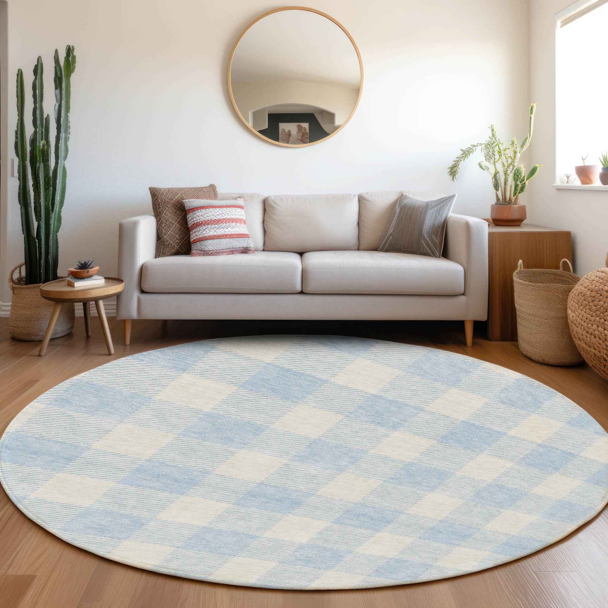 8' Sky Blue And Gray Round Plaid Washable Indoor Outdoor Area Rug