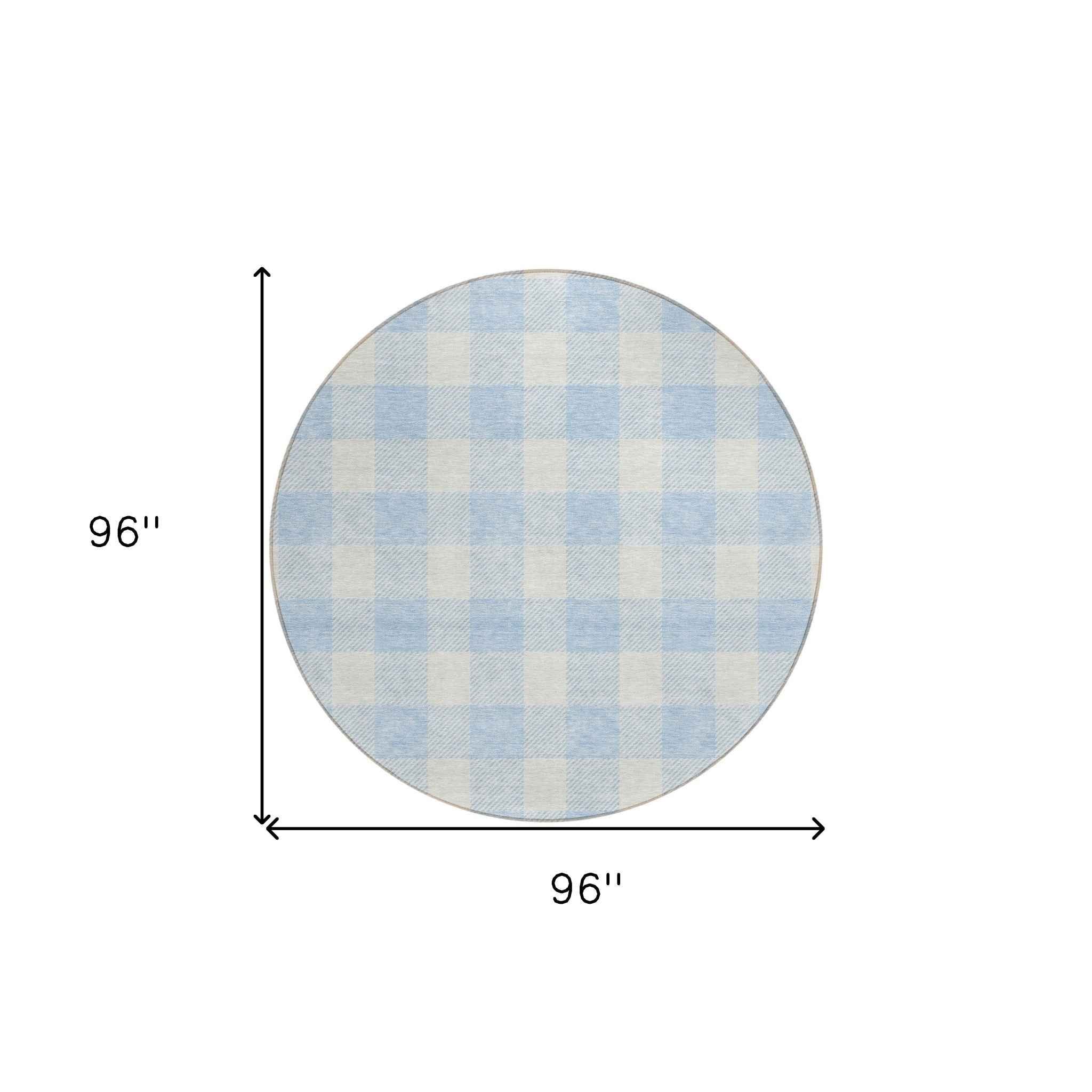 8' Sky Blue And Gray Round Plaid Washable Indoor Outdoor Area Rug