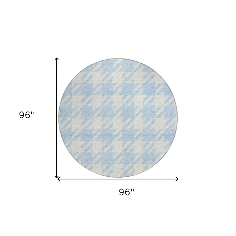 8' Sky Blue And Gray Round Plaid Washable Indoor Outdoor Area Rug
