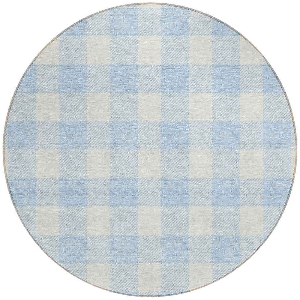 8' Sky Blue And Gray Round Plaid Washable Indoor Outdoor Area Rug