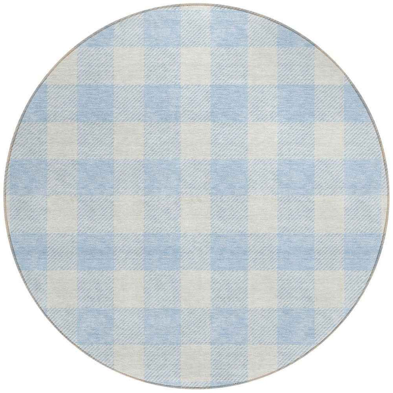 8' Sky Blue And Gray Round Plaid Washable Indoor Outdoor Area Rug
