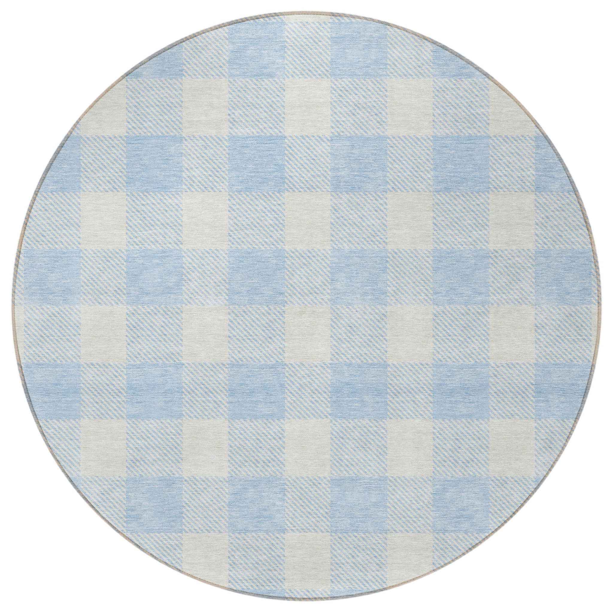 8' Sky Blue And Gray Round Plaid Washable Indoor Outdoor Area Rug