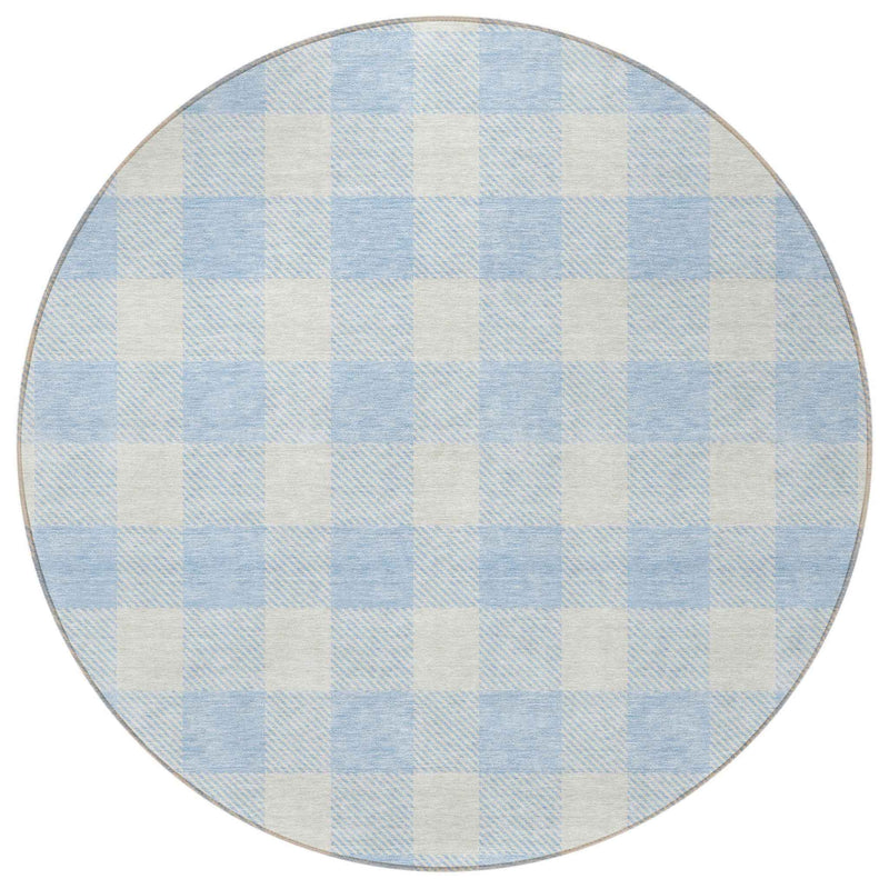 8' Sky Blue And Gray Round Plaid Washable Indoor Outdoor Area Rug