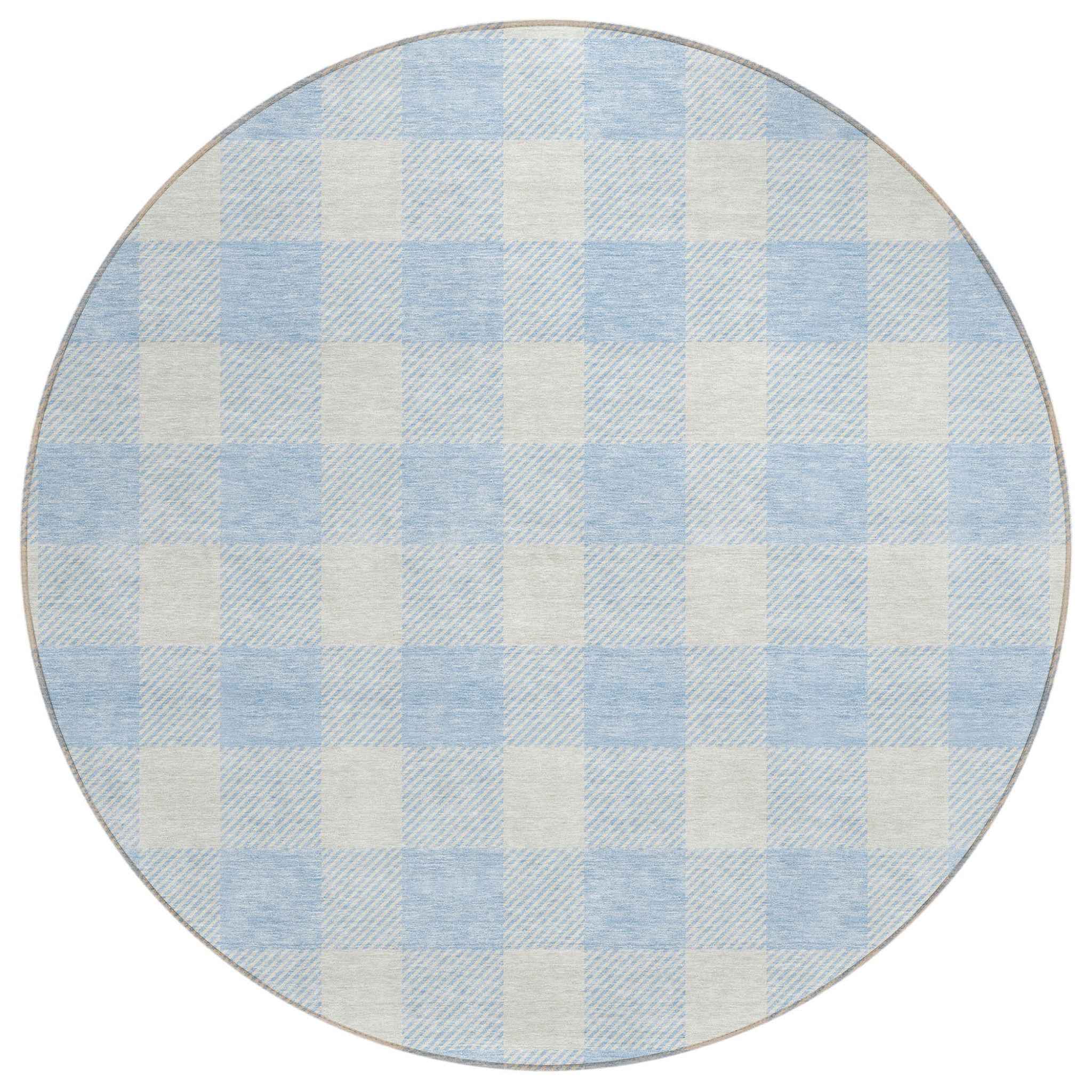 8' Sky Blue And Gray Round Plaid Washable Indoor Outdoor Area Rug