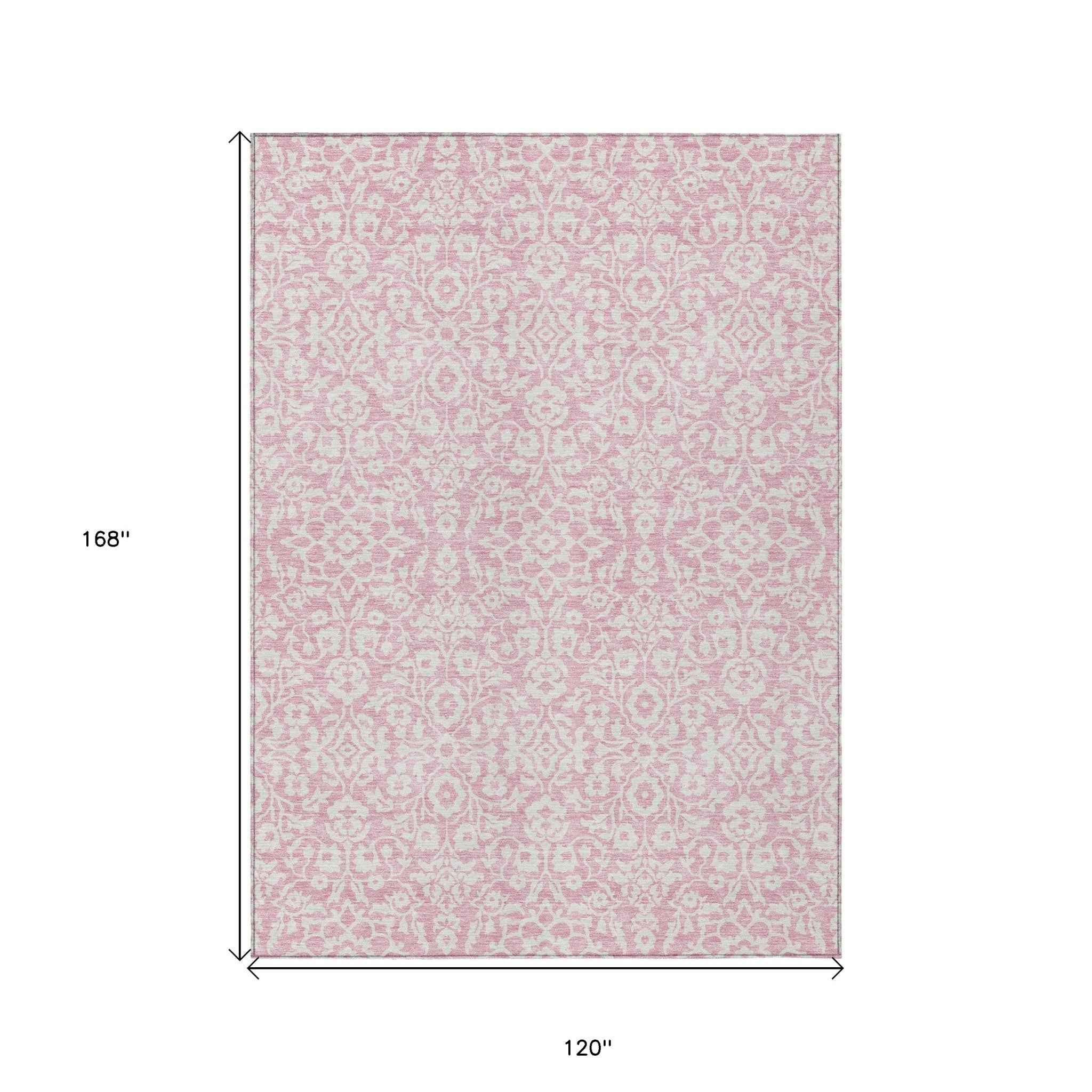 10' X 14' Pink And Ivory Damask Washable Indoor Outdoor Area Rug