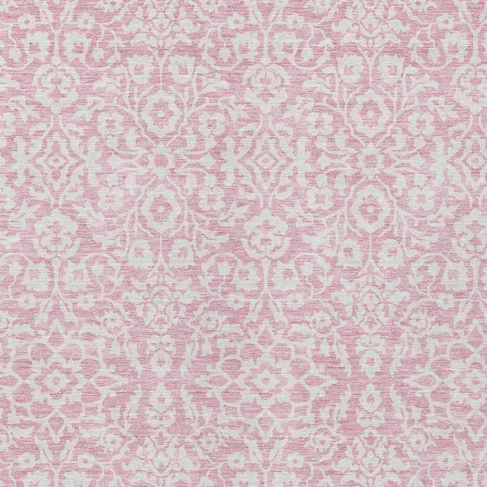 10' X 14' Pink And Ivory Damask Washable Indoor Outdoor Area Rug